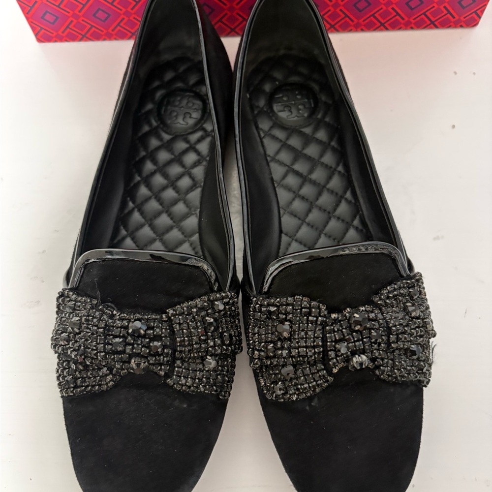 Tory Burch Black Carissa smoking slipper- velvet/suede  loafers with beaded bow